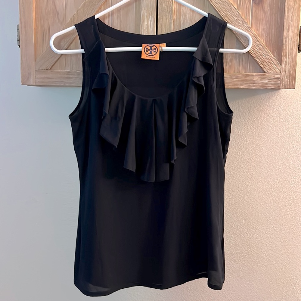 Tory Burch Navy Blue Tank Blue Layered Ruffles down front Classic Simple Beauty